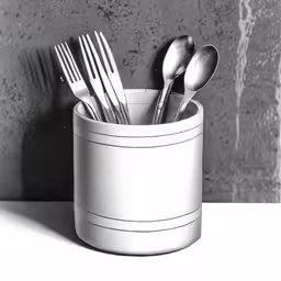 an open can holds forks and spoons on a table
