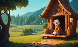 an old lady sitting in her little wooden doll house,a little girl is sitting in her tiny wood house