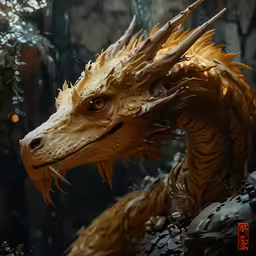 a close up of a dragon on a rock