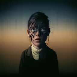 a woman with makeup and hair is covered in black dots