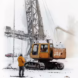 the crane is being worked on by a worker in orange and black