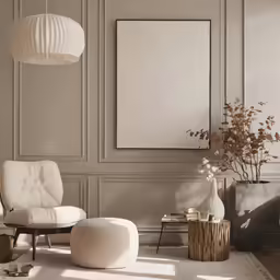a living room is shown with a chair, ottoman and vases