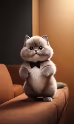 a grey cat with a black bowtie sitting on a brown couch