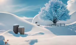a tree is shown covered in snow by some benches