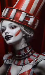 a close up of a costumed person wearing a red and white helmet