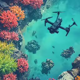 a black cop with a camera flying over colorful water