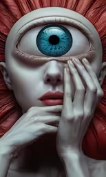 a woman with large blue eyes is posed next to a red flower