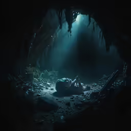 a man lies in the middle of the dark cave