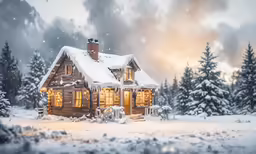 a beautiful snowy cabin lit up with warm lights