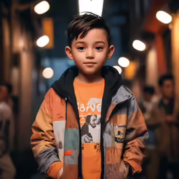 a boy wearing a colorful shirt and jacket on the sidewalk