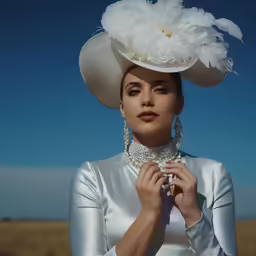 a woman wearing a white outfit and hat with large feathers