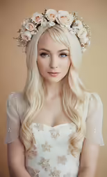 a blonde with flowers in her hair is standing