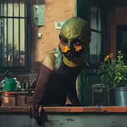 a creepy masked woman sitting in a window