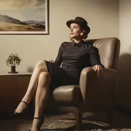 a woman sitting in a chair with a hat on