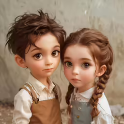 a girl standing next to a boy who is wearing braids