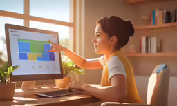 a woman sitting at a table pointing to a computer screen