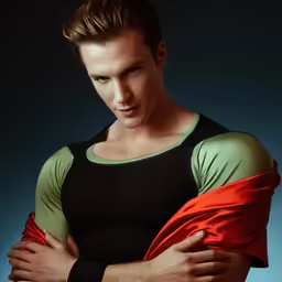 young man with a black top and green and red sleeved shirt