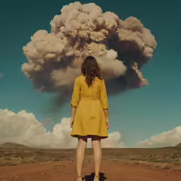 a woman with yellow dress looking at a very large cloud of smoke