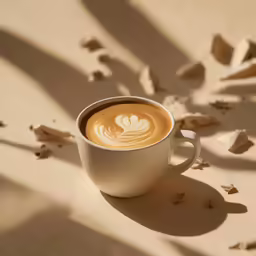 a white cup with foam on it sitting on top of a table