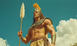a man in a gold costume holding a stick and arrow