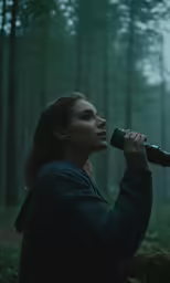 a woman stands in the woods with a binoculars