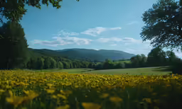 yellow flowers in a green field with mountains behind