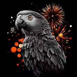 a painting of a large bird standing next to a firework