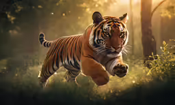 the large tiger is running through the grassy field
