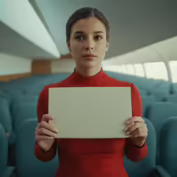 a woman holding up a white blank sign