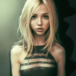 a woman is wearing black and has blonde hair