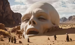 many penguins stand near a huge human head in the desert