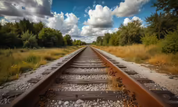 the view from the middle of the railroad tracks to trees