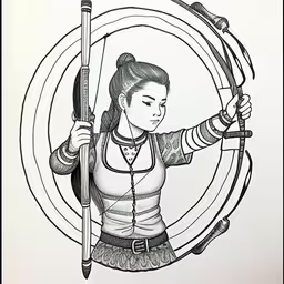 an ink drawing of a woman holding onto some bows,a girl with a bow and arrows by ink
