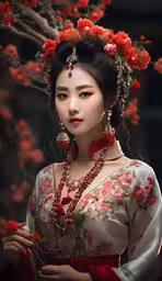 an asian woman with jewelry and red flowers in her hair,a woman dressed in traditional chinese clothing stands near flowers