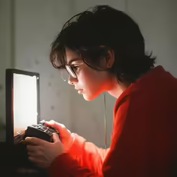 a woman wearing glasses and holding a cellphone