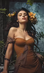 a woman with long dark hair is dressed in brown