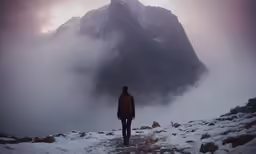 a woman standing on a mountain side in a snow storm