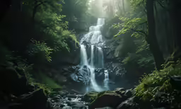 a small waterfall with rocks and plants in a forest
