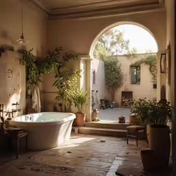 a large bathtub next to two plants and an arched door