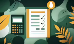 a calculator and two green plants on the left side of the calculator