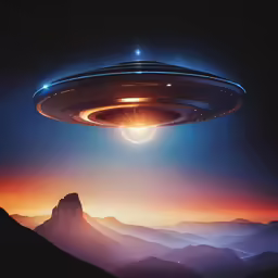 a picture of a space ship flying above a mountain