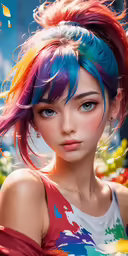 a woman with colorful hair is looking at the camera