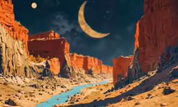 the moon is shining on a rocky area