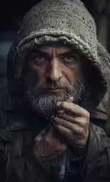 a man in a brown jacket with a large beard and hat