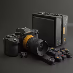 a camera and a couple of other equipment sit on a table