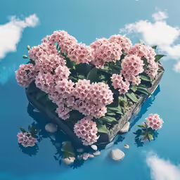 a pink heart shaped flower with rocks in the water