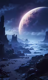 a view of some rocks near a body of water with some mountains and water