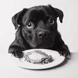 a dog leaning over a table looking at the camera