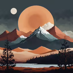 a painting of mountains, trees and the moon over a lake,a large snowy mountain with forest below and a lake below