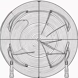 an ink drawing of a fan with its blades out,a drawing shows an open target for two birds,an illustration showing the lines in the center of the fan,an abstract drawing of a wire wind vane,the diagram shows how to draw an arrow